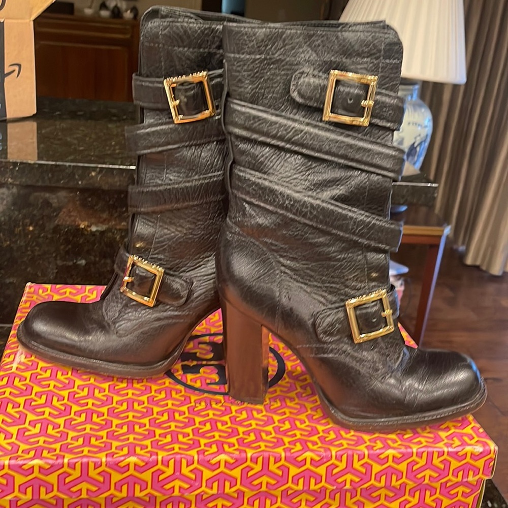 Tory Burch black leather mid calf boots size 9.5